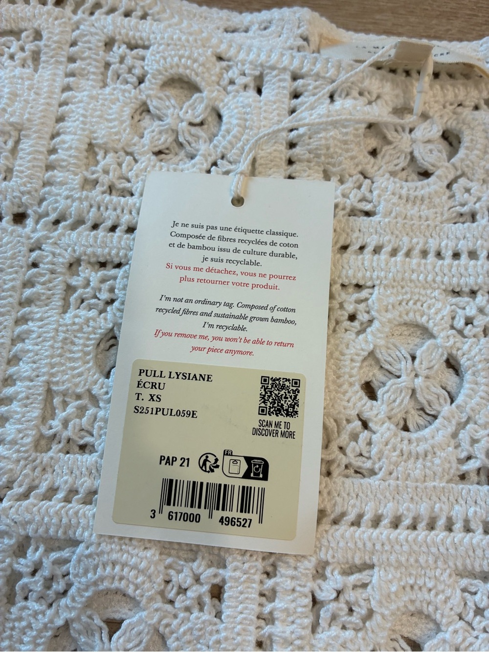 NWT Sezane Women’s Pull Lysiane Jumper Ecru Crochet Top Size XS - Picture 4 of 7